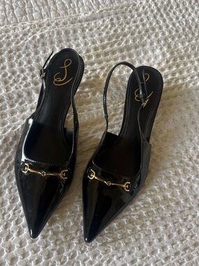 Sam Edelman Black Patent Pointed Slingback Flats with Gold Bit